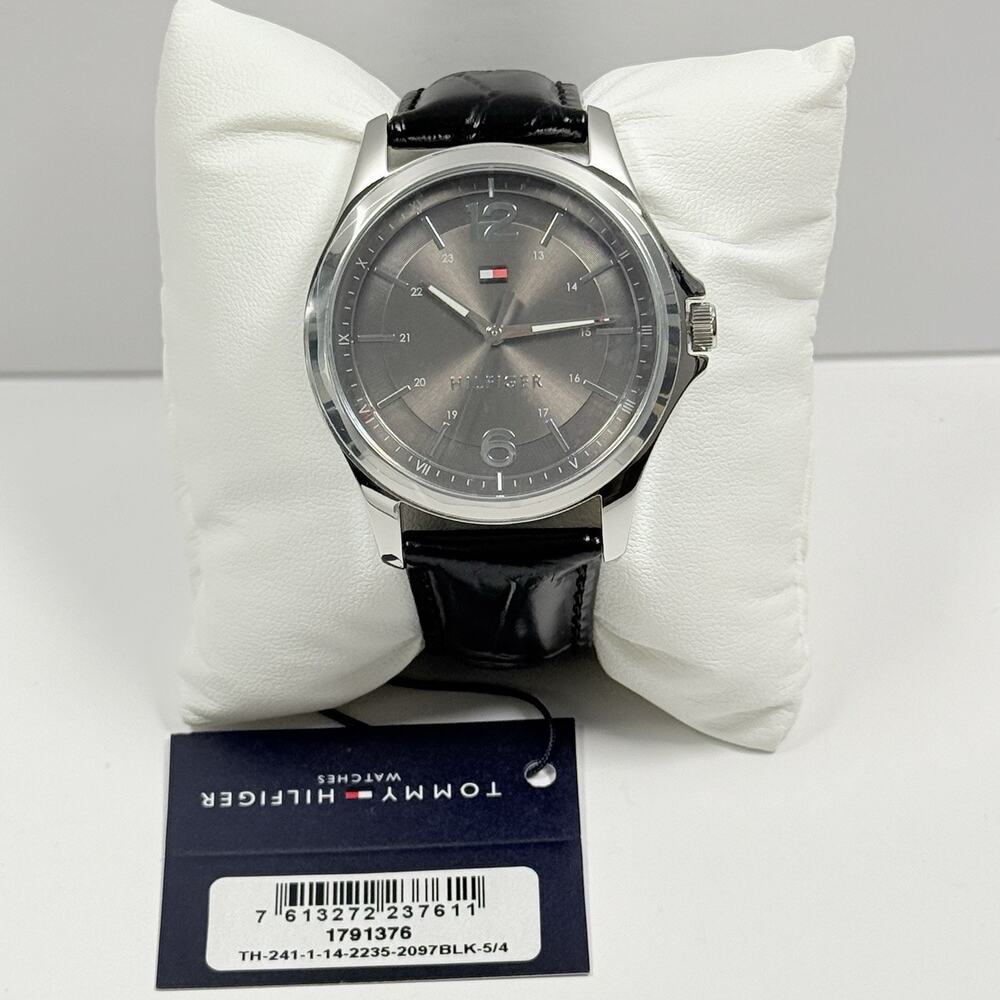 Tommy Hilfiger 1791376 Gray Dial Black Leather Strap 45MM Men’s Watch